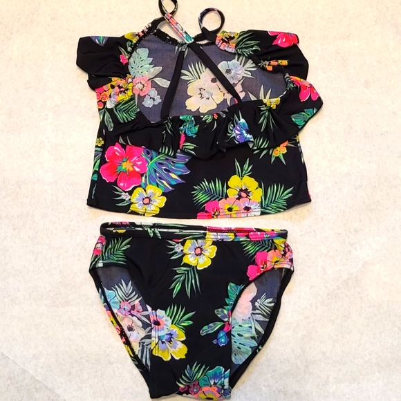 Black floral two piece bathing suit/bikini - Picture 2 of 4